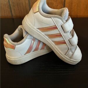 Adidas Kids White Sneakers with Gold Stripes